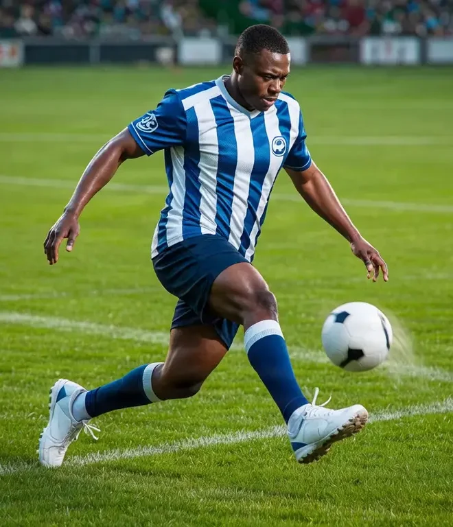 Professional football player in action on a green field, high energy, cinematic lighting
